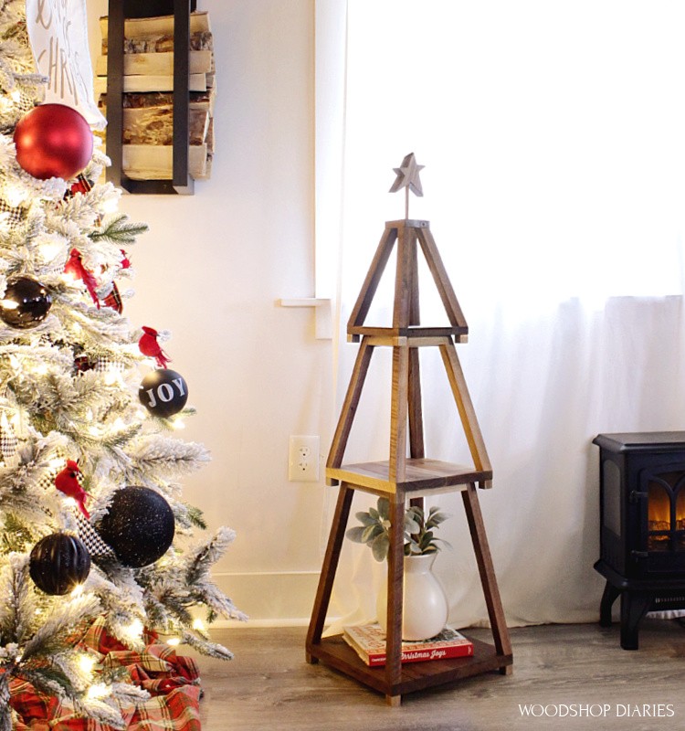 DIY wooden christmas tree shelf stackable--set up next to Christmas tree to display holiday decor