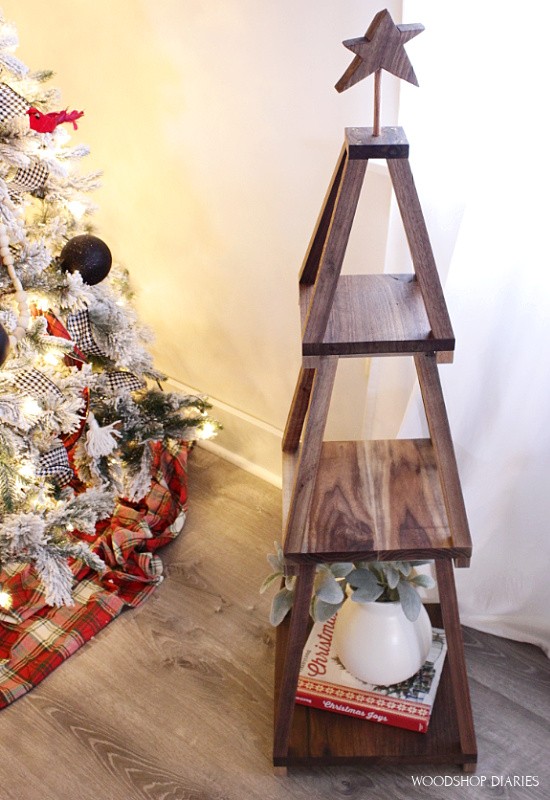 Close up of DIY Christmas tree shelf from above looking down