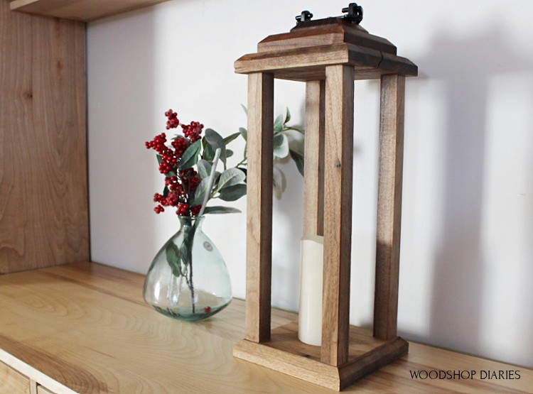 Simple modern DIY scrap wood lantern with battery candle--great for centerpieces