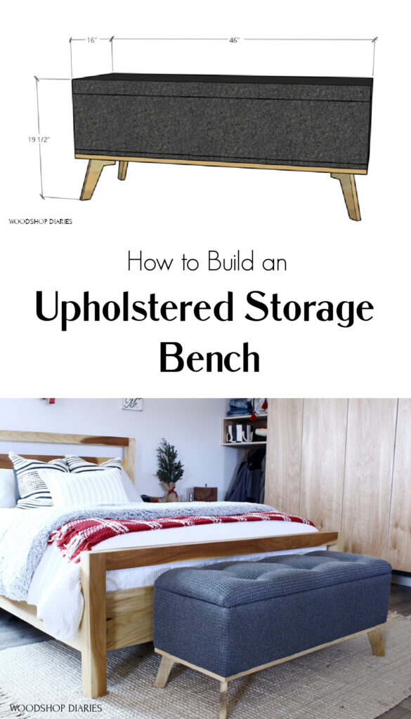Pinterest collage of overall storage bench dimension diagram and finished bench placed at end of bed