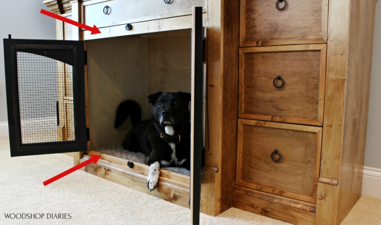 Dasher dog lying in dog crate--showing extra face frame detail on console