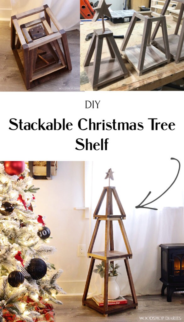 Collage image of stackable Christmas tree shelf stacked together and nesting 