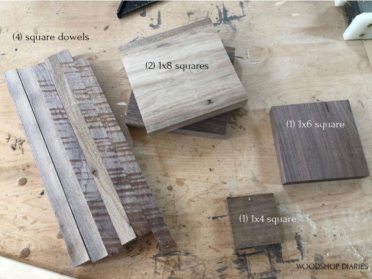 Wood cut list pieces used to build easy DIY wooden lantern