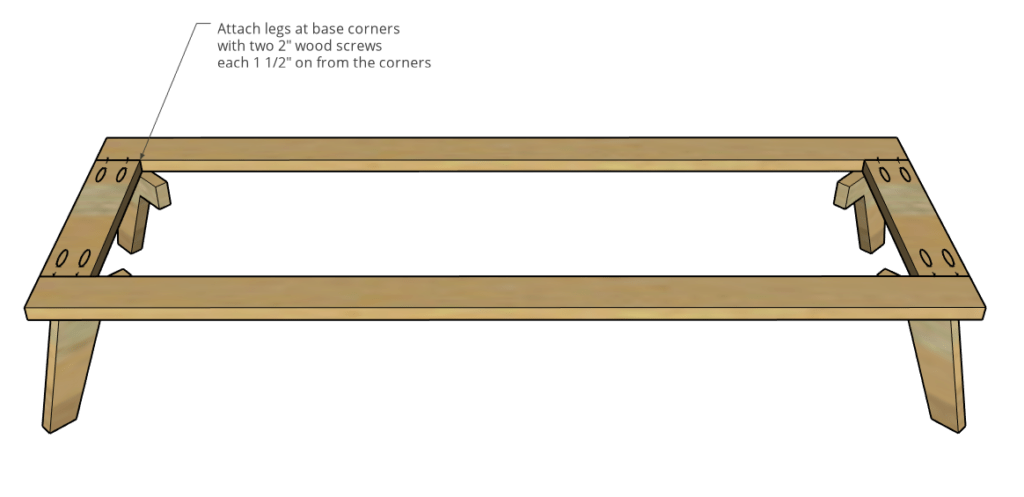 Feet and legs attached to base frame at corners