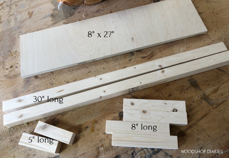 Cut list image of firewood rack pieces before assembly