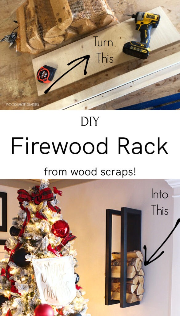 Pinterest collage of materials used and finished DIY firewood rack hanging on wall