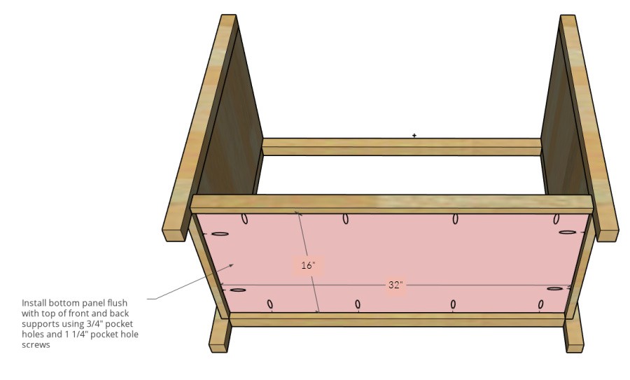 Bottom panel installed with pocket holes 3D diagram