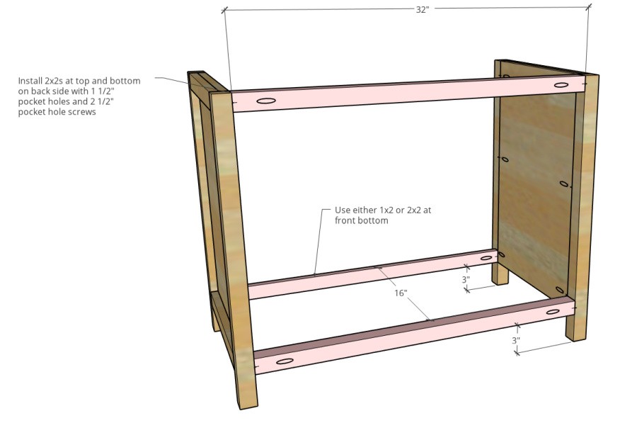 side stretcher supports installed between side panels to assemble cabinet