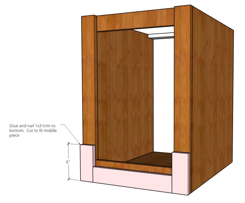 Trim pieces added onto bottom of side table cabinet