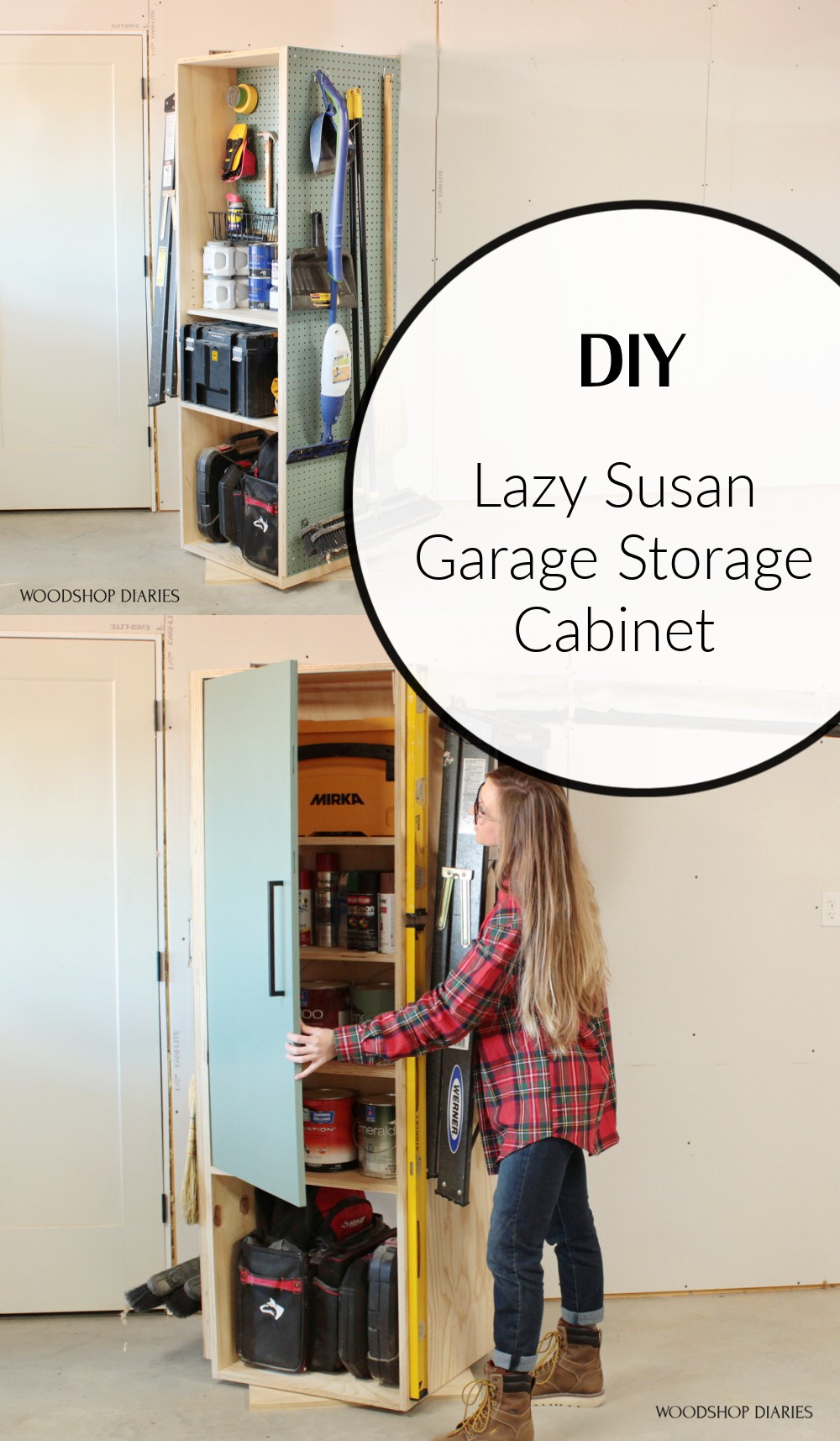 DIY Lazy Susan Garage Storage Cabinet Pinterest collage image with graphic