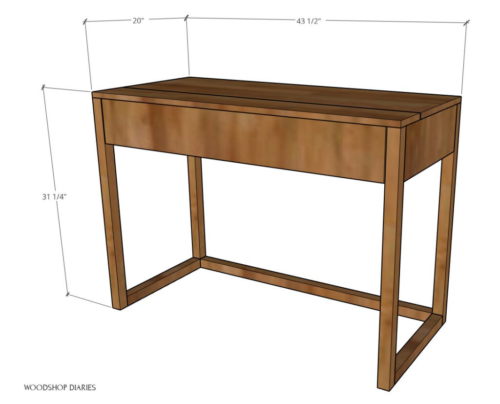 Overall dimensions diagram of DIY keyboard stand--43 ½" wide, 31 ¼" tall, 20" deep