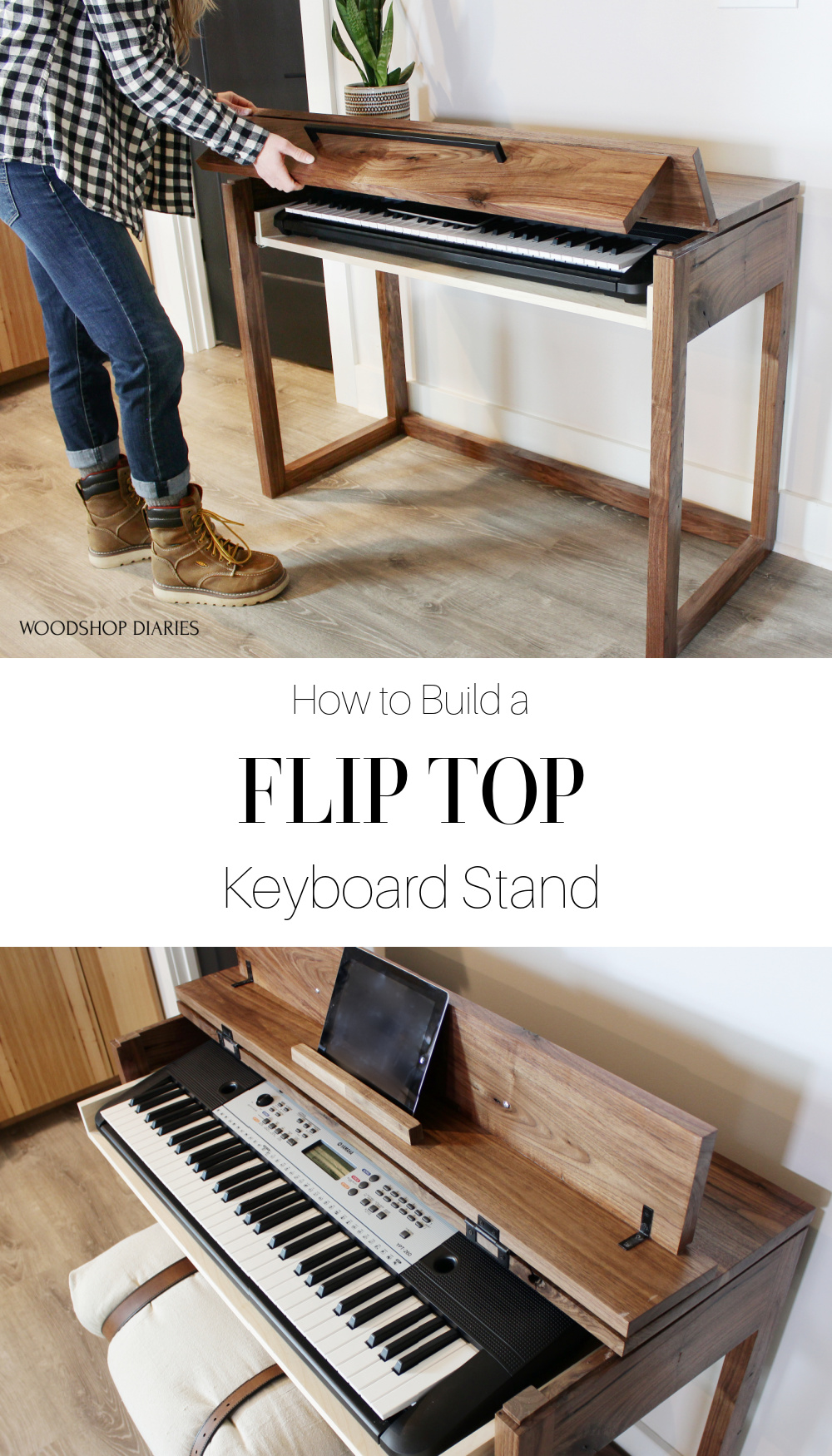 Pinterest collage of flip top DIY keyboard stand--Shara at top opening stand and open stand with pull out drawer image in bottom