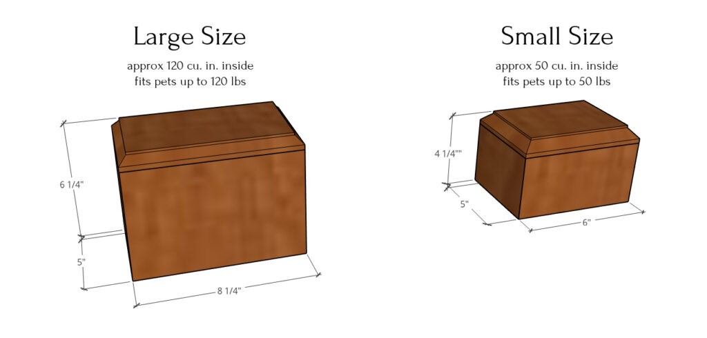 Large and small size pet urn overall dimensions