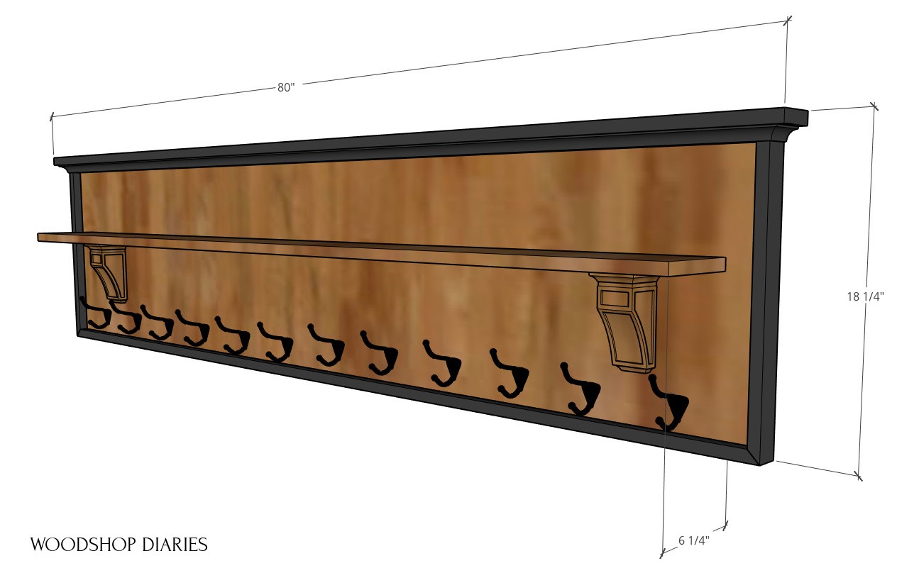Overall dimensional diagram of coat rack with shelf--80" long, 18 ¼" tall, 6 ¼" deep