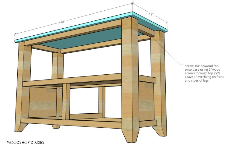 Diagram showing dimensions of top plywood piece and how to attach through top supports of shelf