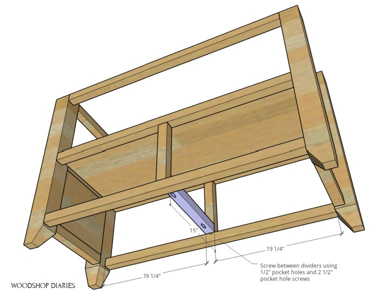 Graphic showing the middle divider drawer slide support on bottom of shelf frame in purple