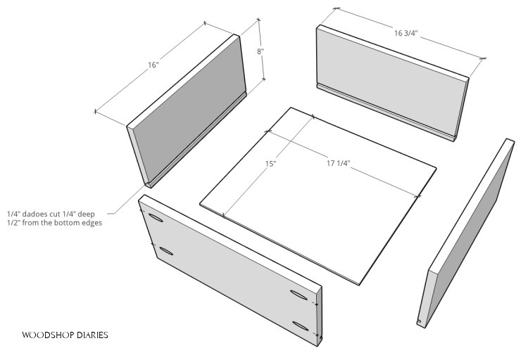 Exploded view of different pieces and cuts to build drawer boxes for console table