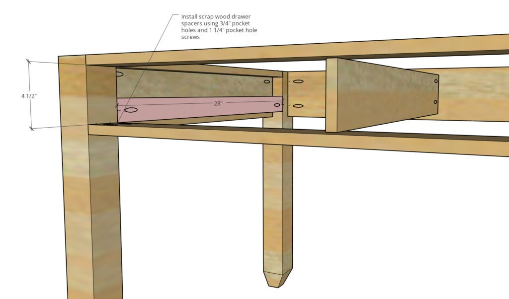Close up diagram of left drawer bracing in writing desk build