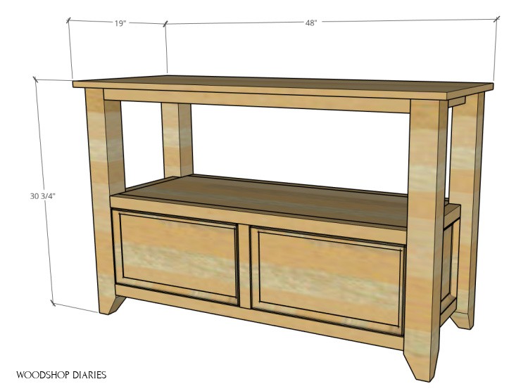 Overall dimensions of DIY console table with storage drawers--48" wide, 19" deep, 30 ¾" tall