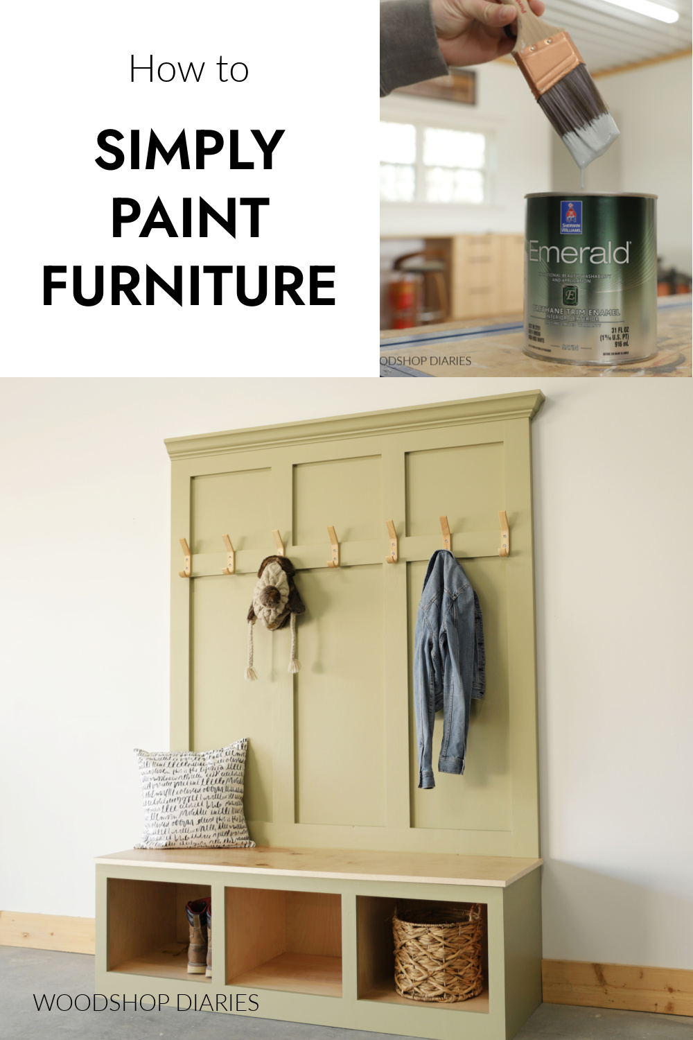 Pinterest collage image showing dripping paint brush at top right corner and painted hall tree project on bottom with text "how to simply paint furniture"