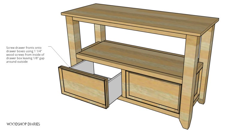 Diagram of DIY console table with one drawer open showing how to install drawer front from inside