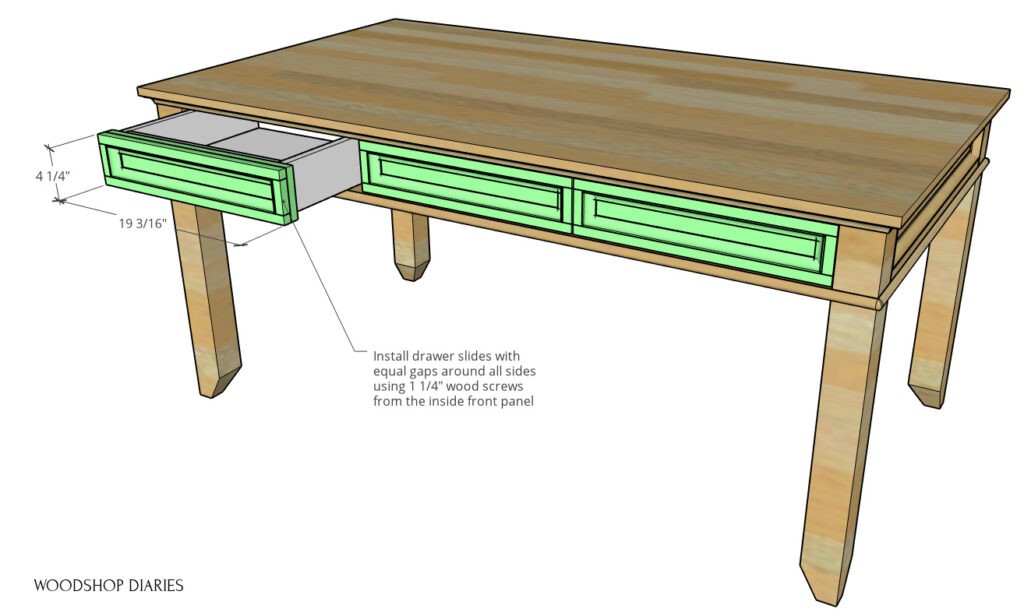 Diagram showing drawer fronts added onto desk drawers