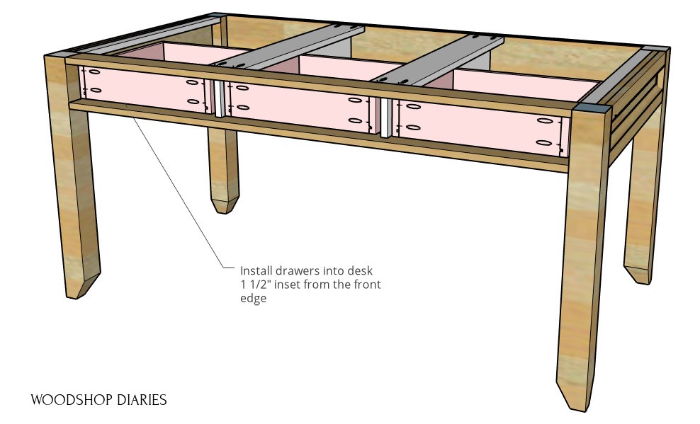 Drawers shown installed into desk frame diagram