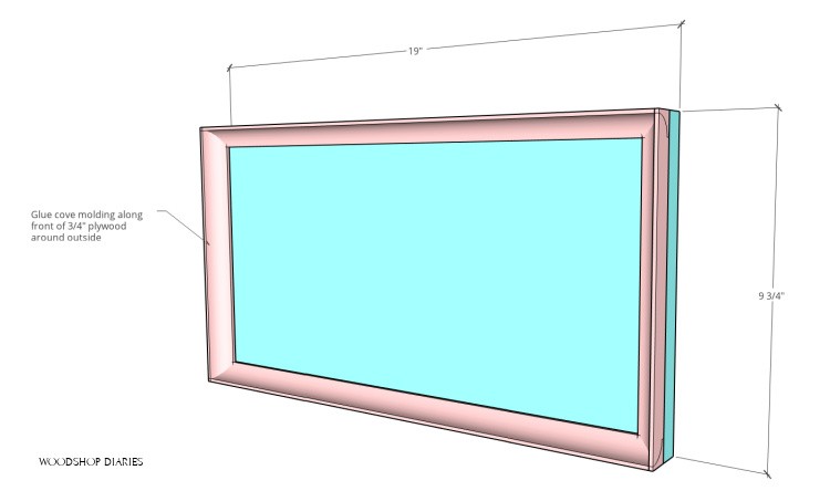 Close of of drawer front and dimensions with cove molding attached around edges