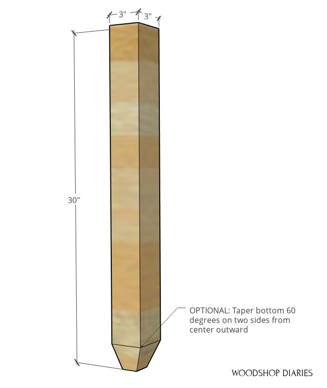 Diagram of tapered leg posts for DIY shelf with drawers