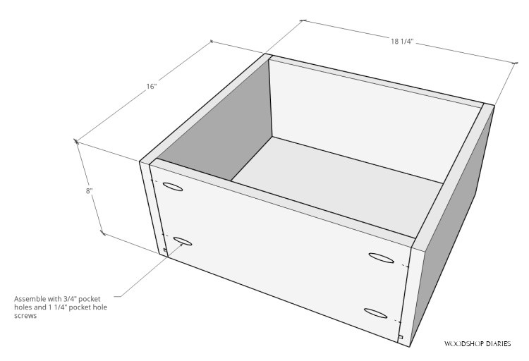 Overall dimensions of drawer box assembled