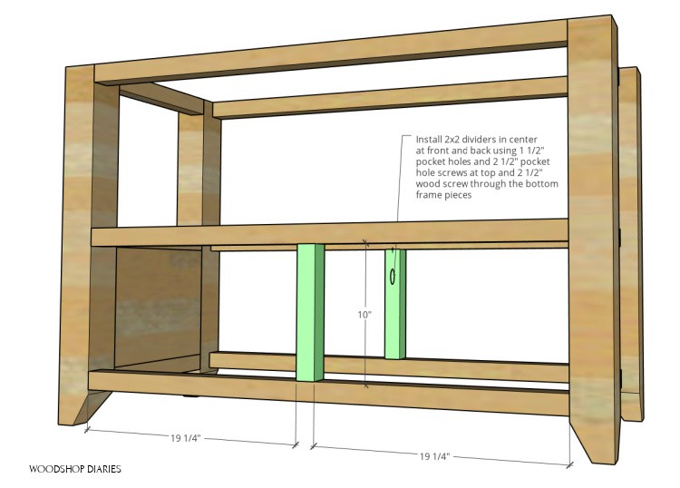 Diagram showing middle dividers installed on bottom of DIY console frame