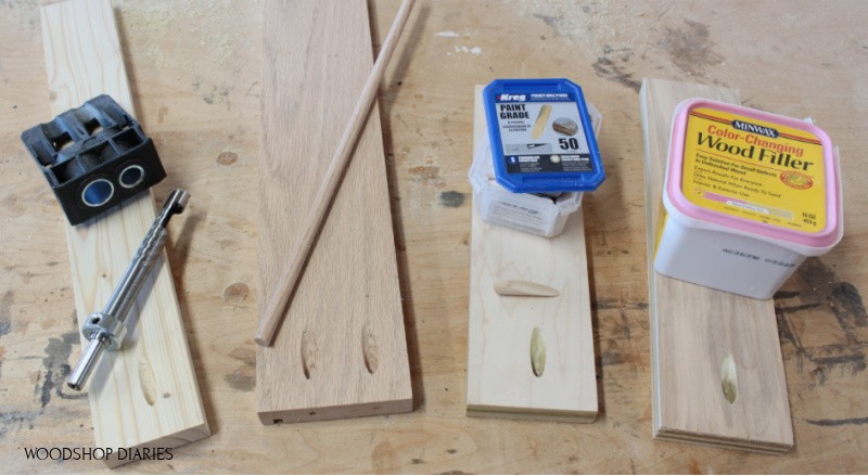 four boards with unfilled pocket holes laid out on workbench