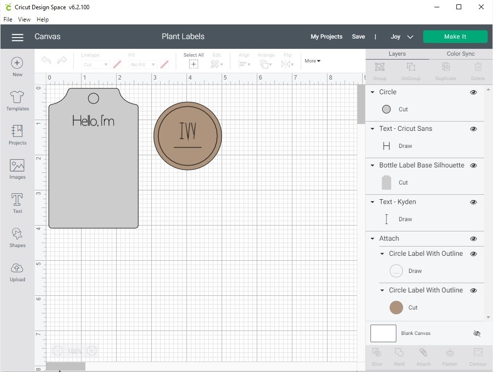 Cricut Joy Design Space screenshot of design used to create plant tags