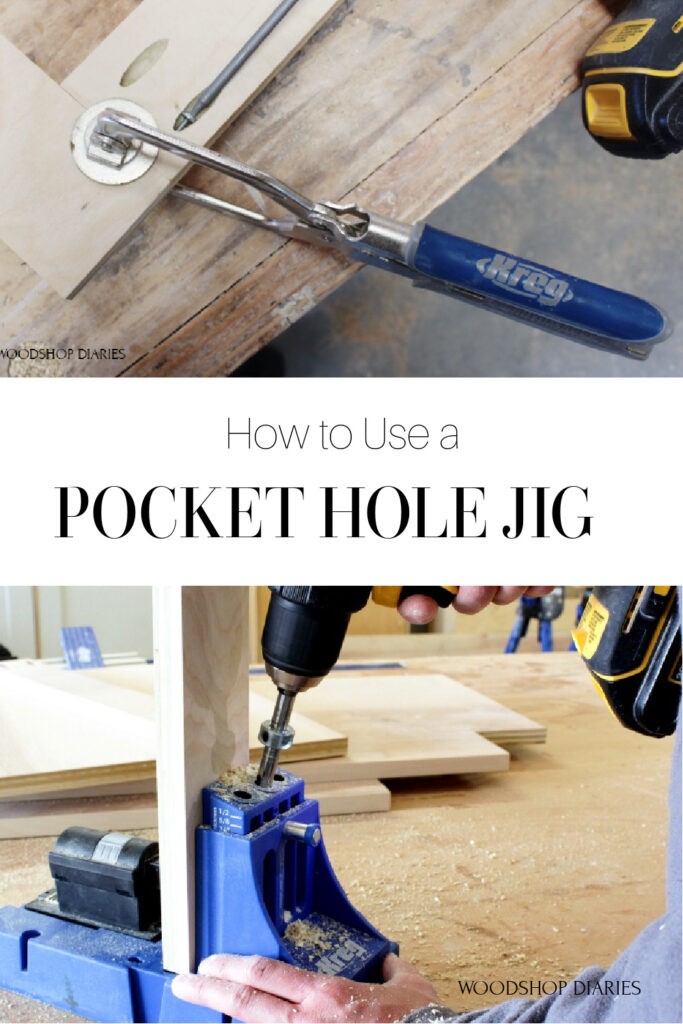 Pinterest collage showing attaching two boards with pocket holes and screws at top and drilling pocket holes with a jig on bottom.  Text reads "how to use a pocket hole jig"