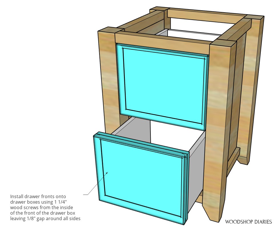 Drawer fronts installed onto drawer boxes in computer desk cabinet