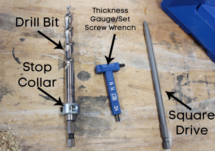 Accessories that come with pocket hole jigs--drill bit, stop collar, thickness gauge and square drive bit