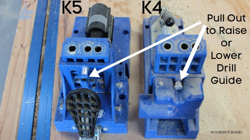 K4 and K5 jigs with arrows pointing to the pins to adjust drill guides