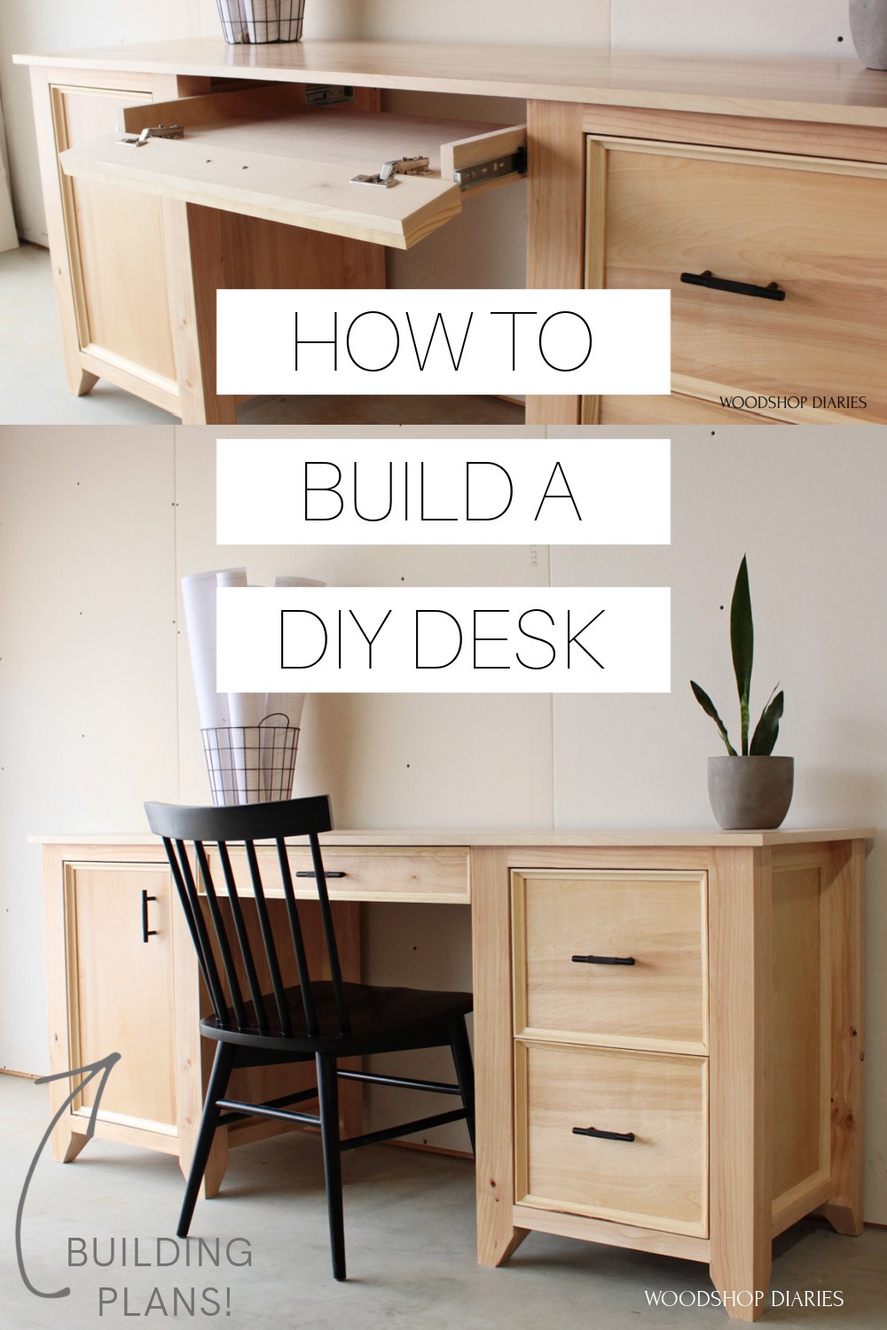 Pinterest collage with keyboard tray open at top and finished DIY computer desk on bottom with text "how to build a DIY desk"