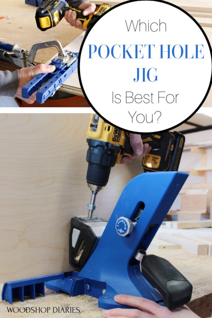 Pinterest collage image showing the Kreg 320 pocket hole jig at the top and the Kreg 720 pocket hole jig at the bottom with text "which pocket hole jig is best for you?"