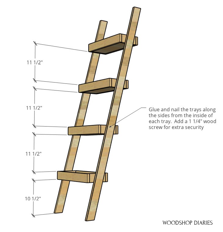 Dimensional diagram of plant ladder shelf--trays spaced 11 ½" apart starting 10 ½" from bottom