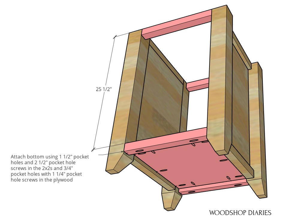 Diagram of desk cabinet with solid bottom installed