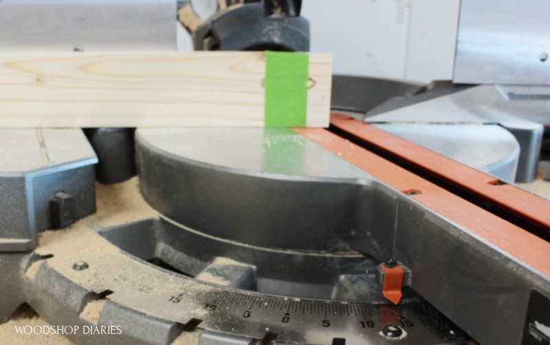 Miter saw set to 15 degrees to cut pocket hole plug free