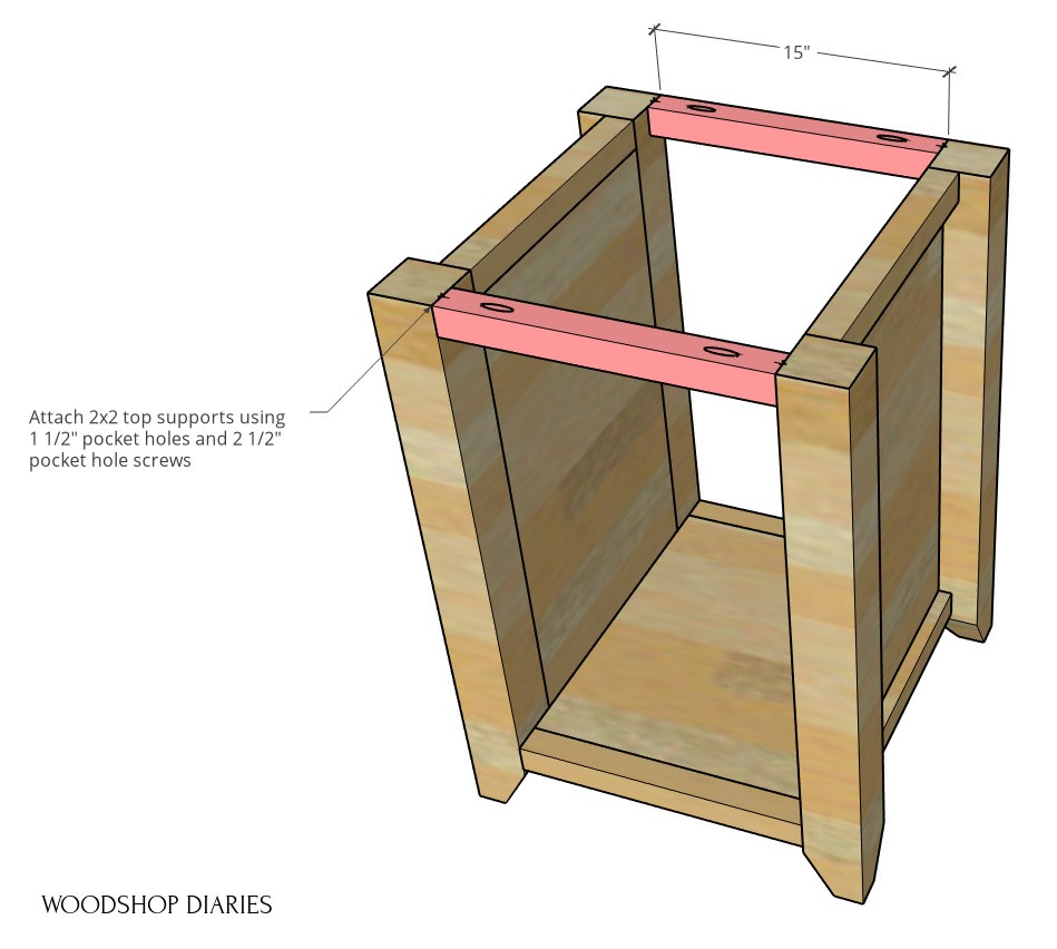 Diagram of computer desk cabinet top supports installed
