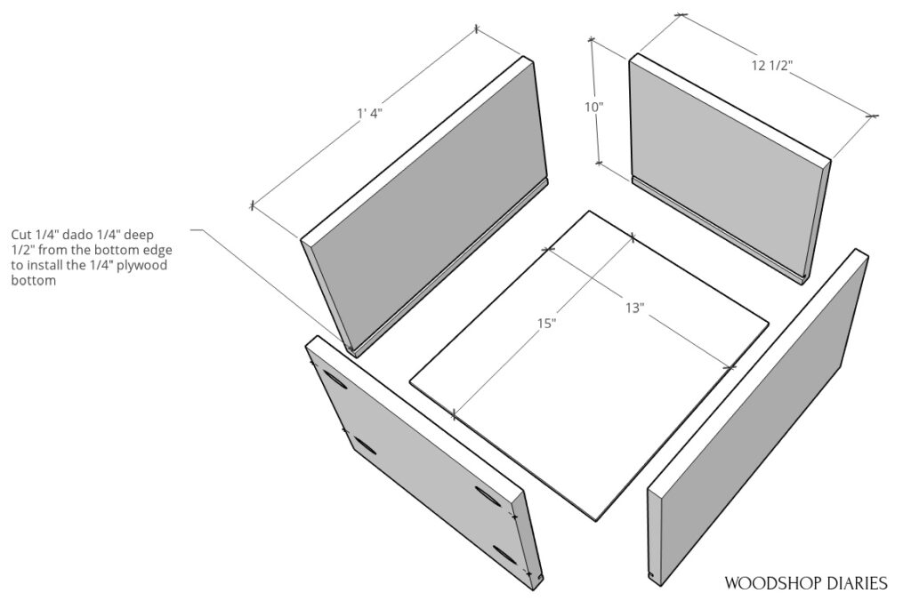 drawer box exploded to show dimensions of each piece