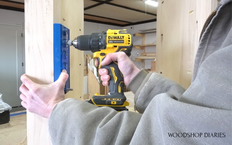 Shara Woodshop Diaries drilling shelf pin holes