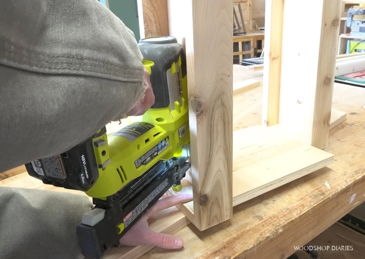 Using spacer block to space second shelf 11 ½" from bottom shelf