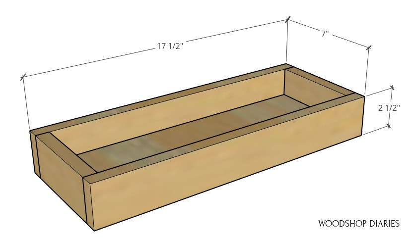 Assembled plant ladder shelf tray overall dimension diagram--17 ½" wide, 7" deep, 2 ½" tall