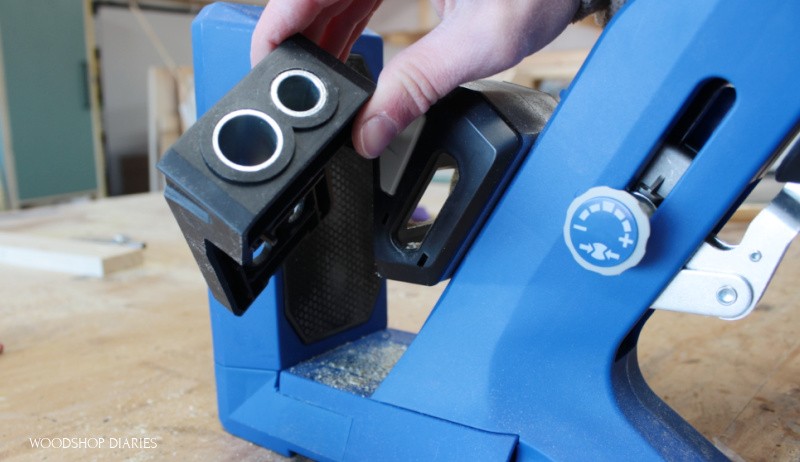 Close up of pocket hole plug cutting drill guide