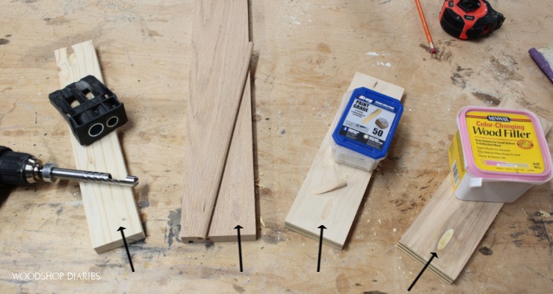 4 ways to fill a pocket hole laid out on workbench already filled