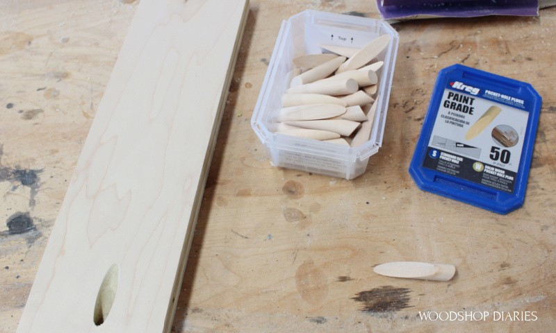 paint grade pocket hole plugs on workbench